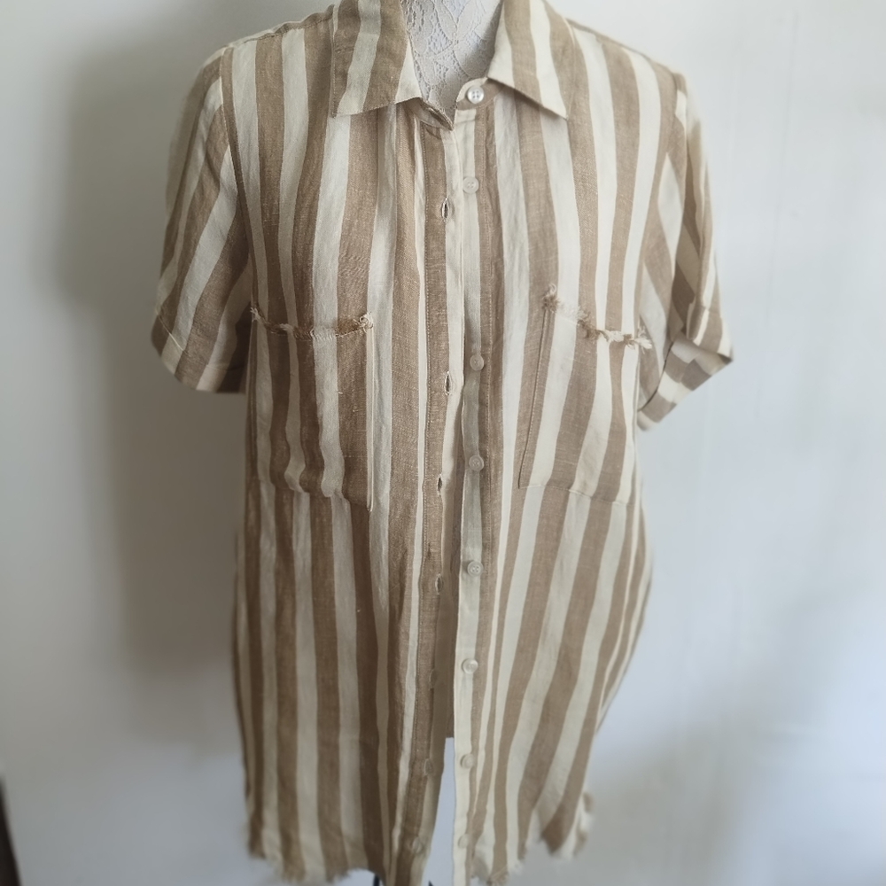 Women's Shirt   MuMu Tan and White Striped Casual Shirt